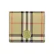 【BURBERRY 巴寶莉】Burberry電鍍金釦LOGO格紋帆布4卡翻蓋壓釦式零錢短夾包(典藏米)