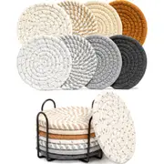 Effectyou 8 Pcs Drink Coasters with Holder, 8 Colors Absorbent Coasters for Drinks, Minimalist Cup Coasters, Trivets, Cotton Coaster Set, Woven Coasters for Coffee Table, Home Decor, Bar, 4.3 Inch