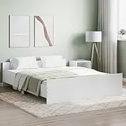 White Queen Size Platform Bed Frame Without Mattress, 150x200 cm, Wooden Frame with Engineered Wood Headboard, Durable Low Height Base, Modern Bedroom Furniture