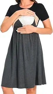 [Bearsland] Women's Short Sleeve Nursing Dress Patchwork Breastfeeding Dress with Pocket
