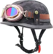 Motorcycle Leather Half Face Helmet Motorcycle Helmet Half Shell Helmet with Personalized Goggles Retro Jet Helmet with Adjustable Quick Release Buckle Unisex DOT/ECE Approved