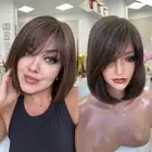 Dark Brown With Blonde Highlights Human Hair Lace Wig with Bangs Straight Hair