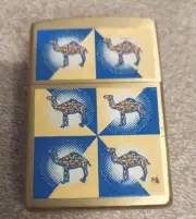 January 1999 6 Camel Heard Corners Solid Brass Zippo Unfired Gold Blue