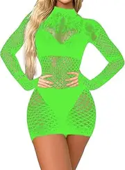 [Generic] Women's Fishnet Lingerie Dress Sleepwear Mock Neck Hollow Out Backless Mini Dress