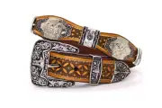 Western Curve Belt Cowboy Silver Concho Rooster Gallo Brown Floral Pants Size 34
