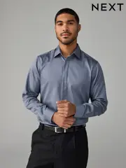 Dusky Blue Slim Fit 100% Cotton Long Sleeve Single Cuff Sateen Piped Shirt (N23297) | $40
