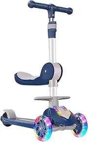 Children's Three-Wheeled Scooter PU Wheeled Scooter with LED Lights, Adjustable Handlebar Height, Suitable for Children Over 2 Years Old(Blue Flashing Wheel + seat+ Music)
