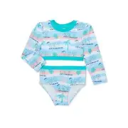 Cocomelon Character Toddler Girl Long Sleeve Rashguard Swim Set, Size 4T