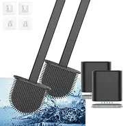 Umart Silicone Toilet Brush-Soft Flat Toilet Brush with Holders, Cleaning Brushes Set for Bathroom,Flexible Toilet Bowl Brush Head, Wall Mounting Leak Proof Slots Base (Two Black)