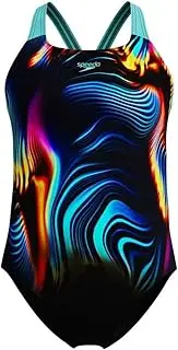 [Speedo] Girl's Digital Placement Powerback One Piece Swimsuit, Arctic Glass, 13-14