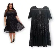 NEW TORRID ILLUSION SLEEVE SKATER DRESS - SEQUIN FRINGE BLACK FLAPPER SIZE 12