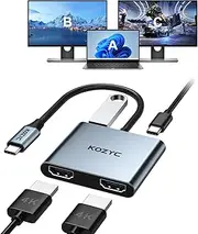USB C to Dual HDMI Adapter 4K@30Hz, KOZYC USB C Hub with 2xHDMI, USB 3.0, 100W PD, USB-C to HDMI Splitter Extended Display for Windows(MST), macOS(Only SST), Compatible with MacBook Pro/Air, Dell XPS