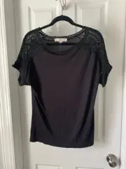 NWT Ann Taylor Loft Top Black Crochet Neckline Short Sleeve Fringe Size Small