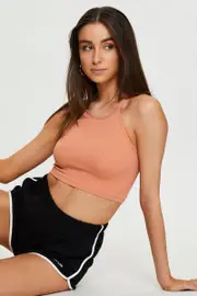 Brown Rib Top Seamless Crop - Size XS, Women's Singlet