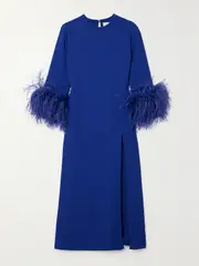 [16ARLINGTON] 16ARLINGTON - Billie Feather-trimmed Twill Midi Dress - Blue - UK 8 UK 8 Blue