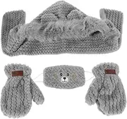 [Baluue] Women's Warm Suit Bear Ear Hat Windproof Scarf Gloves Mask Stylish Outdoor Set for Cold Weather Grey
