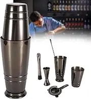 5Pcs Boston Cocktail Shaker Set Black Dirt-Less Steel,pubtender Tool with Measuring Cup, Strainer, and Mixing Spoon, for Home Pub, Mixology Lovers, and Parties
