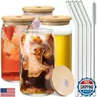 Set of 4 Can Shaped Drinking Glasses with Bamboo Lids and Straws - Clear Snif