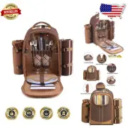 Versatile Picnic Backpack for 2 with Large Cooler & Soft Fleece Blanket - Brown