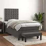 vidaxl King Single Box Spring Bed/Mattress Set - Dark Grey Velvet - Adjustable headboard - Pocket Spring - Medium-Hard Support - Includes Bench