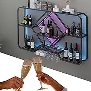 Wine Rack Bar Shelves Wall Mounted with Wine Glass Rack Bar Liquor Cabinet Bar Bottle Display Shelf Whiskey Shelf Metal Wall Cabinet Kitchen Shelf Rack with Light Strip for Home Bar Dining