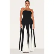 Plus Black Bandeau Contrast Chiffon Pleated Maxi Dress, Black