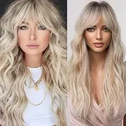 Allbell Platinum Blonde Wigs for Women Long Wavy Synthetic Wig with Bangs Dark Roots Heat Resistant Ombre Blonde Wig for Cosplay Party Everyday Wear Fashion Use