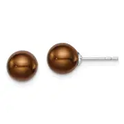 Sterling Silver Rhodium Plated 7-8mm Coffee Round Freshwater Cultured Pearl Post Stud Earrings