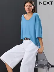 Bright Pretty Blue Linen Modal Blend Soft Touch Scoop Neck T-Shirt (AD3632) | $41