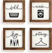 SHOHAYTO Laundry Room Decor for Wall Farmhouse Signs Set of 4 Wash Dry Fold Put Away Rustic Decor for Shelf Laundry Wall Art with Wood Frame Decorative Room Sign 8'' x 8''