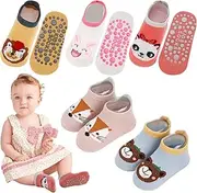 [Utensilsto] 5 Pairs of Baby Non-Slip Socks, Non-Slip Baby Socks with Cartoon Animal Motifs for Girls Boys Baby Children