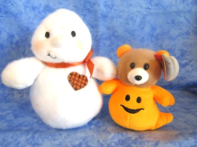 Halloween Beanie Babies Set of Two - One Ghost and Teddy Bear in Pumpkin w/Tags