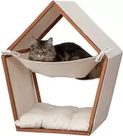 Cat House, Modern, Teak-Finish Pine Frame, Canvas Tent, Hammock and Pillow Bed