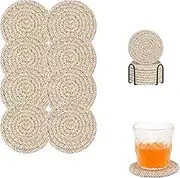 Set of 8 Cotton Woven Drink Coasters with Holder, Absorbent Coasters for Drinks, Minimalist Home Decor for Wooden Table Protection - 4.3 inches Mixed Brown