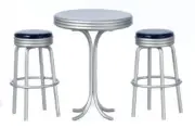 Dollhouse Miniature Tall Table with Stools, Silver and Black
