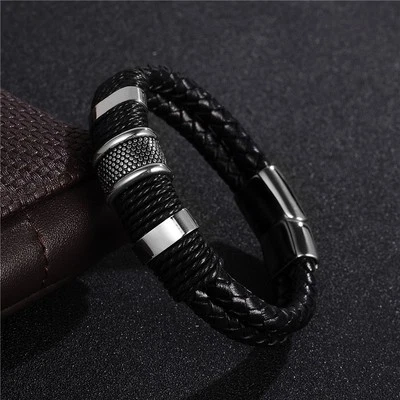 Black Braid Woven Leather Bracelet Titanium and Stainless Steel for Men Fashion