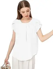 [SPRING SEAON] Women's Casual Loose Chiffon Pleated Blouse Summer Short Sleeve Dressy Tops Shirt for Ladies, White, XL