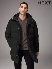 Black Long Length Shower Resistant Hooded Puffer Coat (578882) | $105