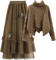 [Generic] Oversized Women's Winter Set Women's Solid Long Sleeved Turtleneck Knitted Sweater Mesh Half Skirt Two Piece Set
