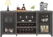 Launica Liquor Bar Cabinet, Industrial Wine Bar Cabinet, Rustic Sideboard Buffet Cabinet for Liquor, Glasses & Coffee Bar with Storage Rack for Home Kitchen Dining Room, Dark Grey Oak, 55 In