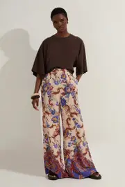 Premium Viscose Linen Paisley Border Print Woven Wide Leg Pants