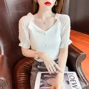 Short-Sleeve Mesh Panel Blouse Blue - M