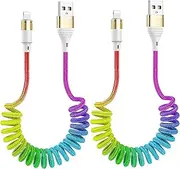 Coiled Colourful Nylon Braided Cord Lightning Cable,2Pack Rainbow Spring Retractable Lightning Cable, USB Fast Charging Cord for Car,Compatible with iPhone 14/13/12/11/Plus/Pro Max/X/Xs Max/XR /8/7/6