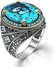 [mysilverworld] 925 Sterling Silver Aquamarine Stone Men's Ring with Turquoise Details