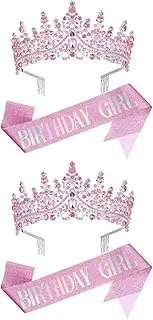 [OHPHCALL] 2 Sets Birthday Sash Crown Set Princess Tiara for Women Girls Birthday Decorations Adjustable Sash