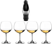 Riedel Vinum Oaked Chardonnay/Montrachet Glass (4-Pack) Bundle with Wine Pourer with Stopper (Black) (3 Items)