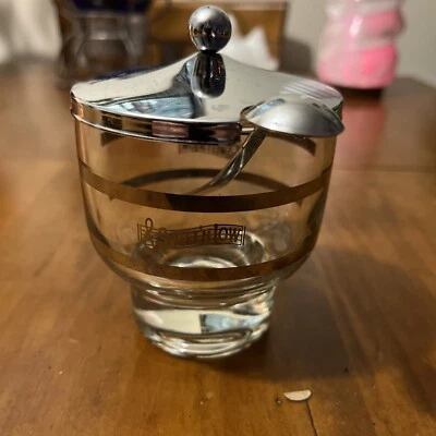 Sweet N' Low Glass Sugar Bowl With Chrome Lid And Spoon. Vintage Libbey