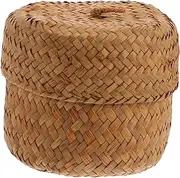 HOMOCONO Handmade Woven Flower Basket Box with Lid Mini Seagrass Sundries Container for Candy Dried Flowers and Rustic Storage