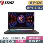 MSI 微星 CYBORG 15 A13VFK-831TW(I7-13620H/16G+16G/1TB SSD/RTX4060/W11/FHD/144HZ/15.6)特仕