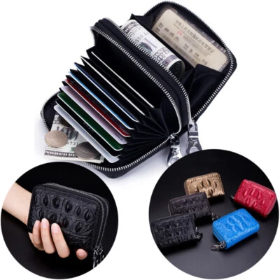 Luxury Crocodile Pattern Genuine Leather Card Wallet Double Zipper Coin Purse US